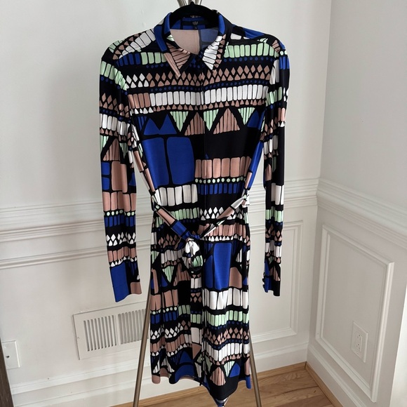 Tibi Long Sleeve Abstract Blue, Black, White Midi Dress Size Small - Picture 1 of 4